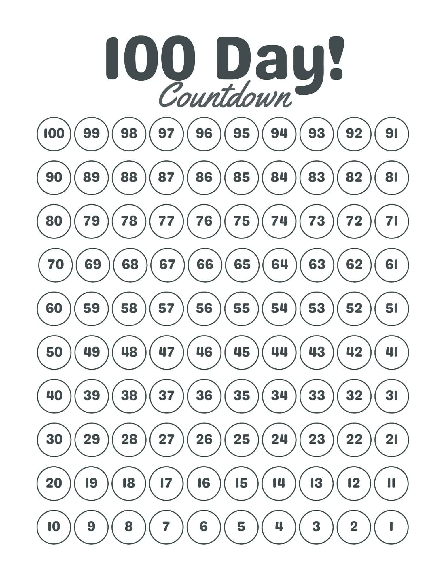 100 Day Countdown Calendar Printable Free Pdf for Free Printable Countdown Calendar Template