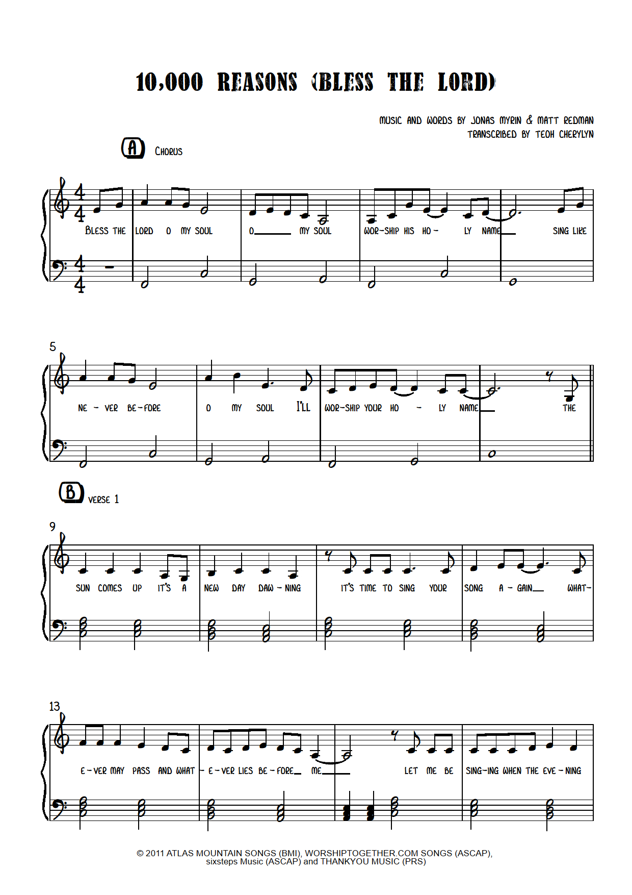10000 Reasons (Bless The Lord) - Easy Piano Pdf - Cherthemusic with regard to FREE Printable Christian Piano Sheet Music