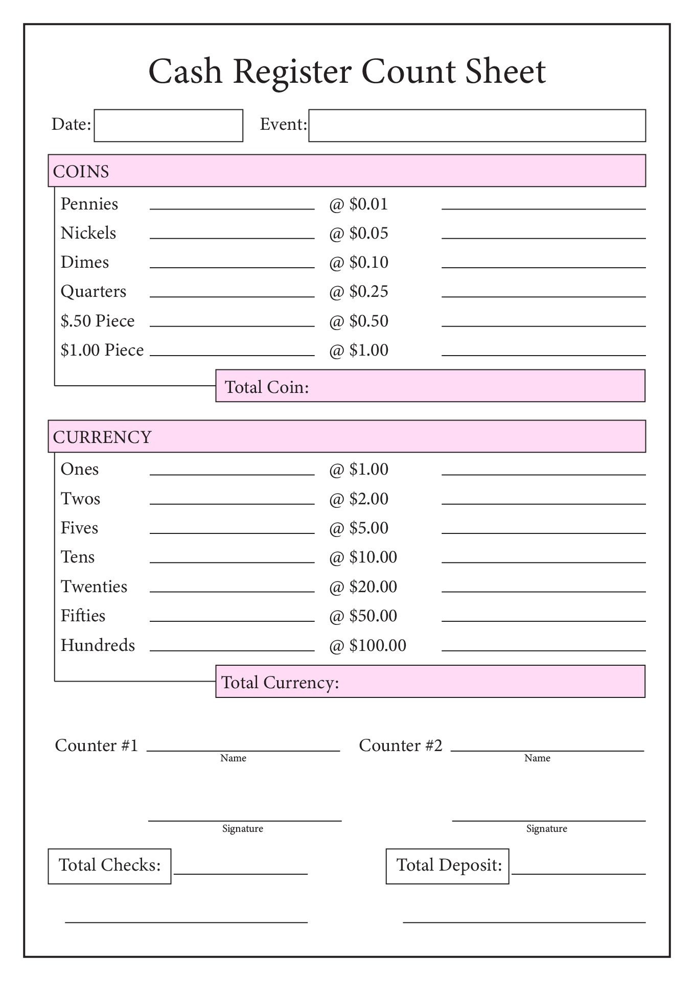 19 Cash Count Worksheet inside FREE Printable Cash Register Balance Sheet