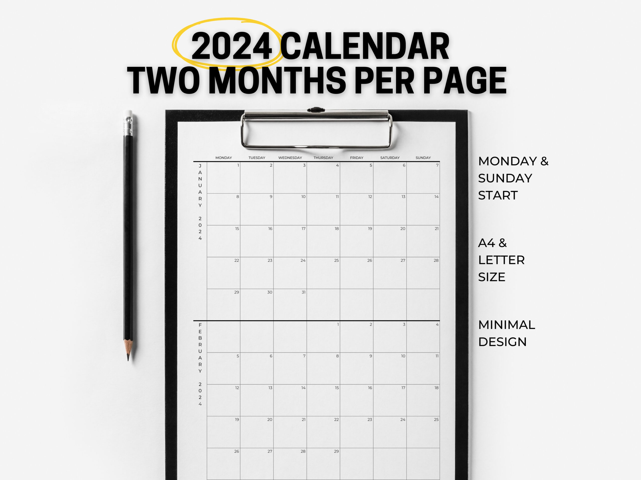 2024 Calendar | 2 Months Per Page | Minimalist Calendar in Free Printable Calendar Two Months Per Page