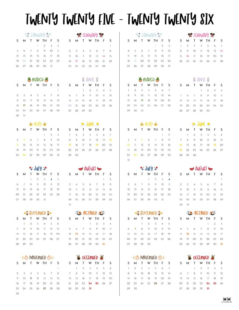 2025-2026 Two Year Calendars - 10 Free Cals | Printabulls for FREE Printable Calendar 2025 and 2026