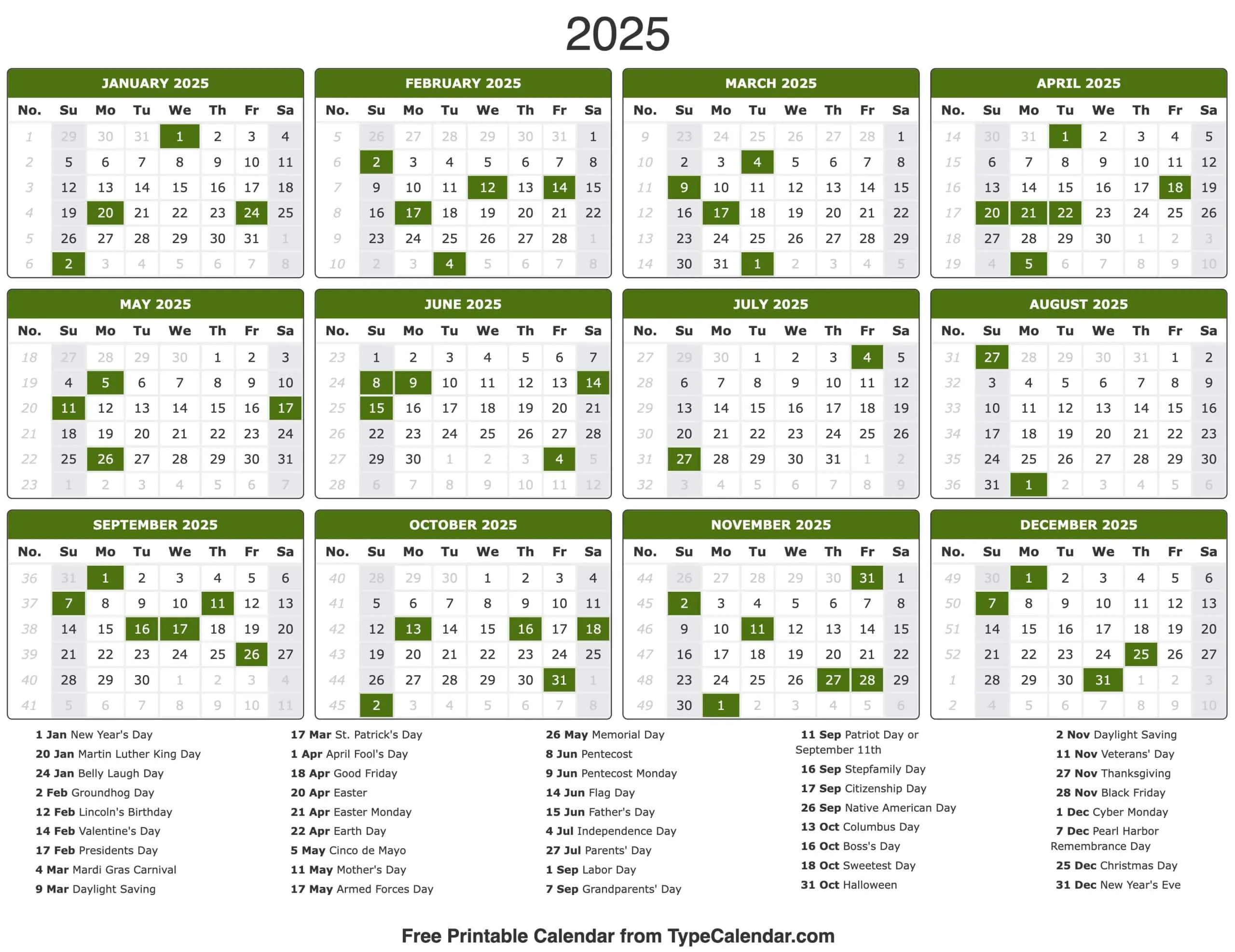 2025 Calendar - Printable Calendar 2025 With Holidays for FREE Printable Calendars 2025 with Holidays