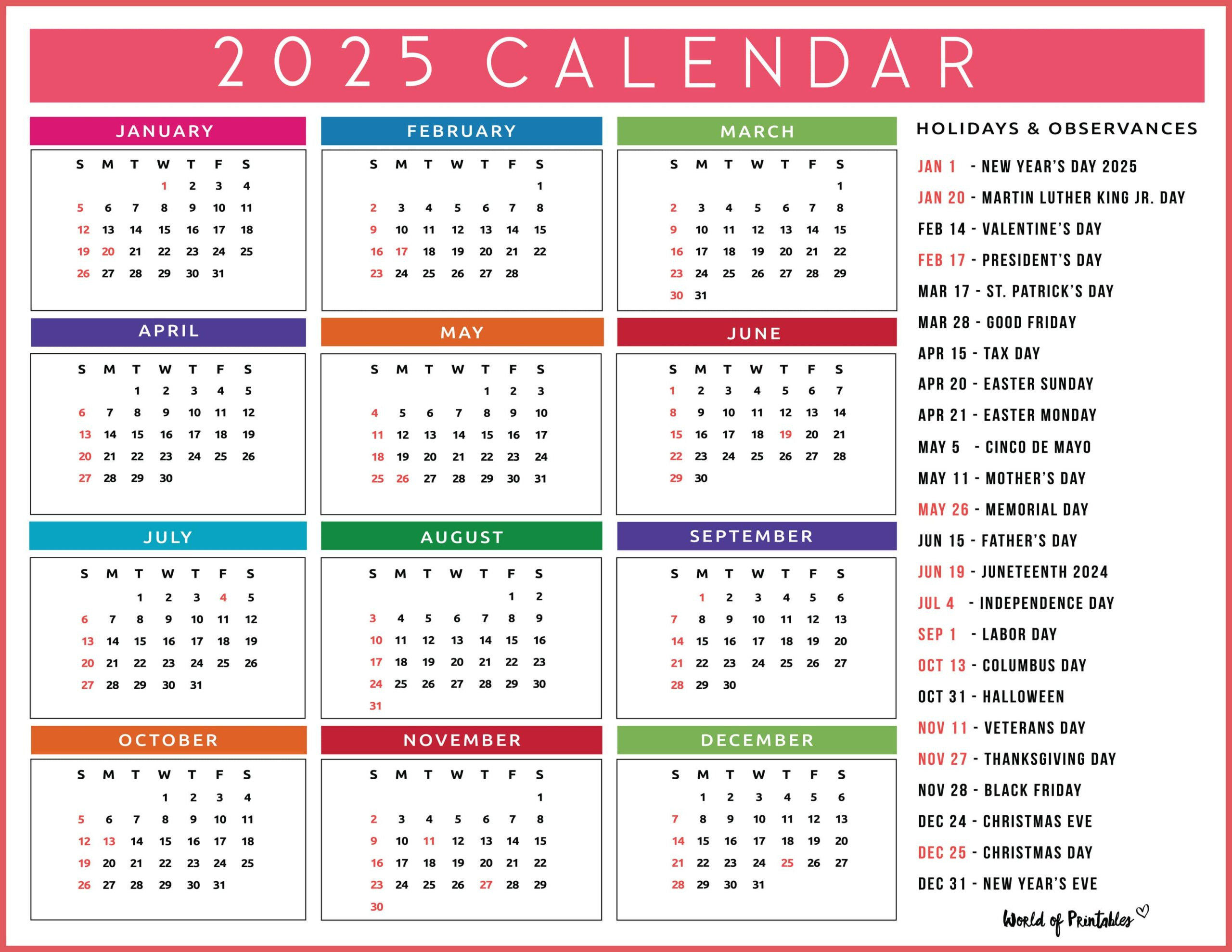2025 Calendar With Holidays - Free Printables In 28 Unique Styles with regard to FREE Printable Calendar 2025 with Holidays
