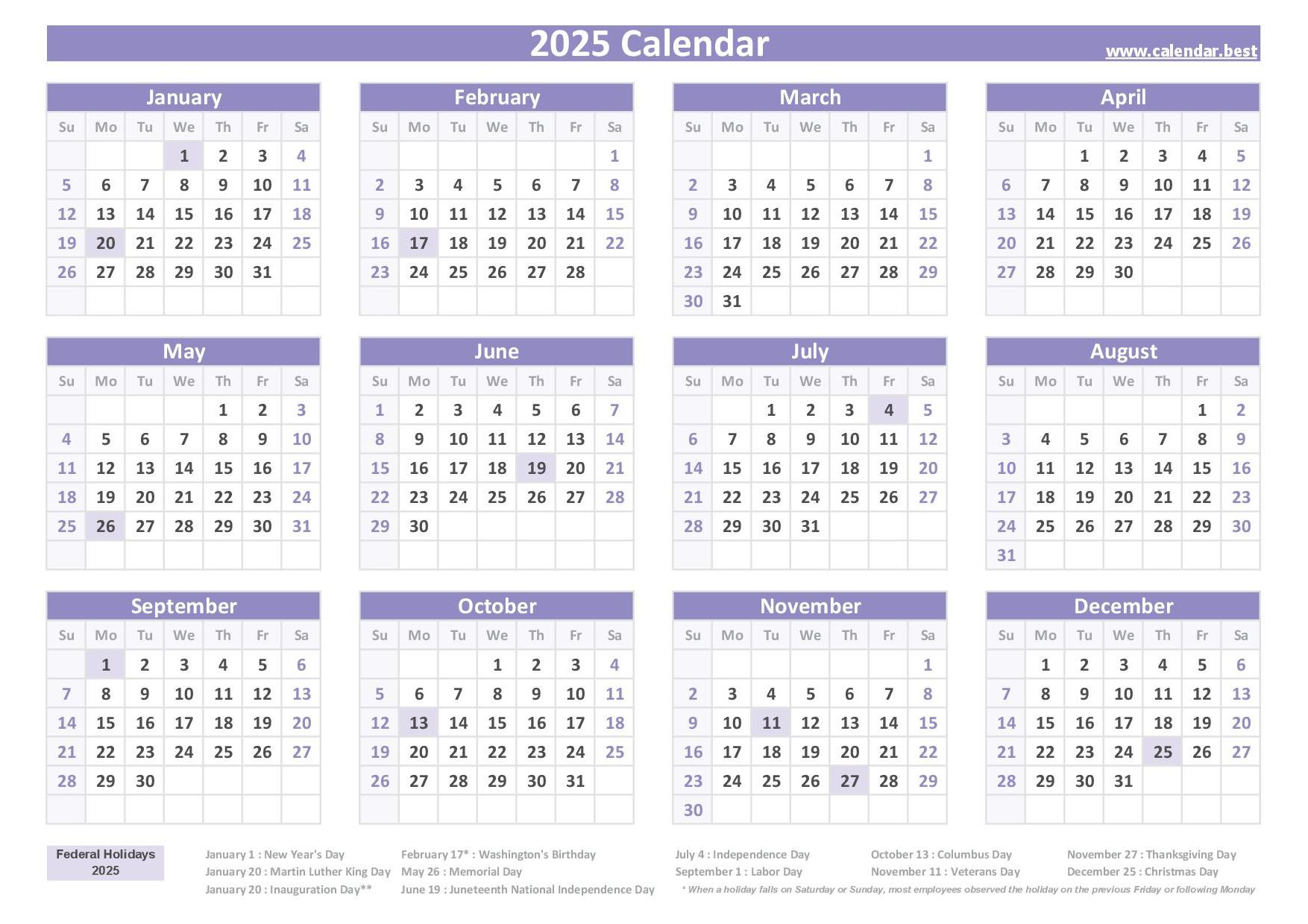 2025 Calendar With Holidays (Us Federal Holidays) with regard to Free Printable Calendar For 2025 With Holidays