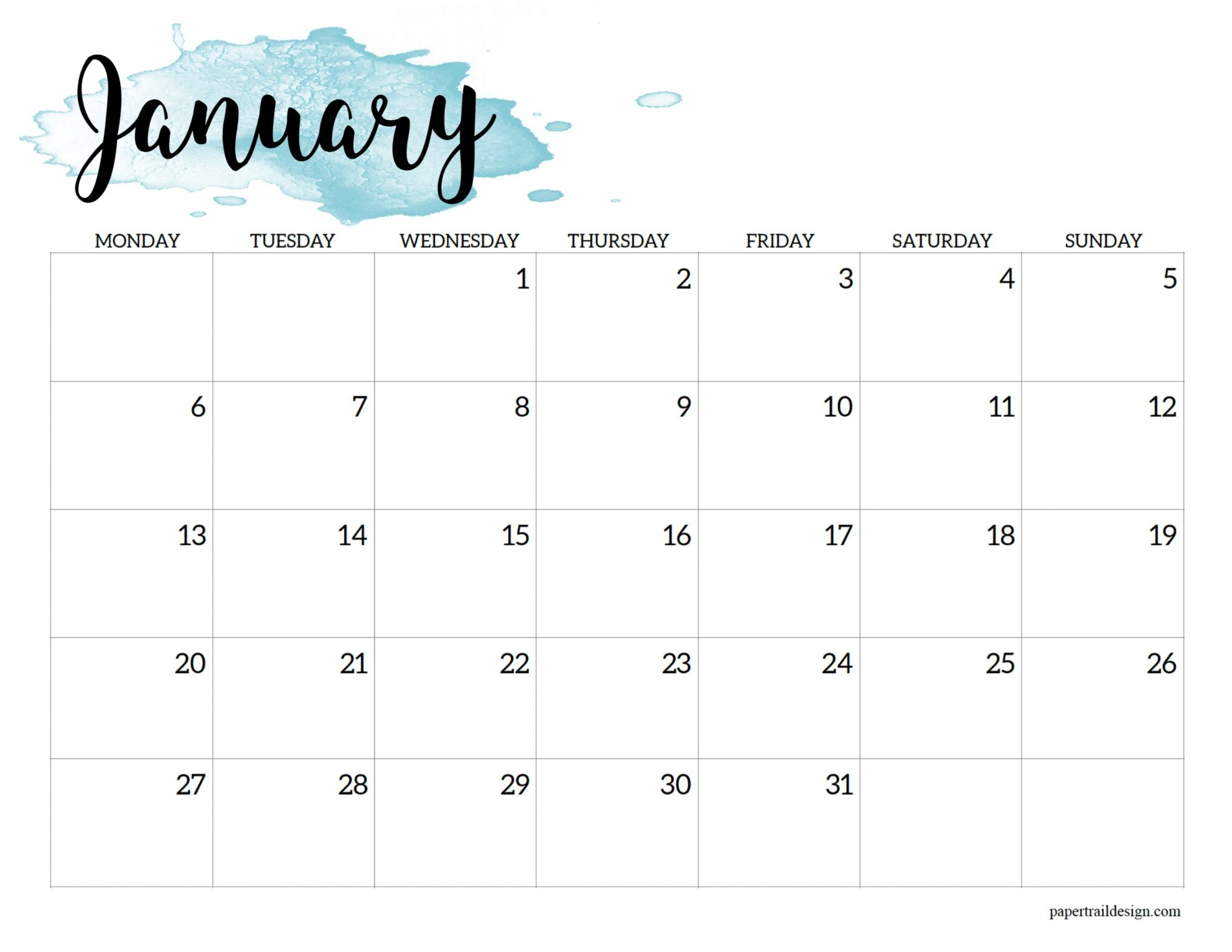 2025 Monday Start Calendar Printable - Watercolor - Paper Trail Design throughout Free Printable Calendar Monday Start