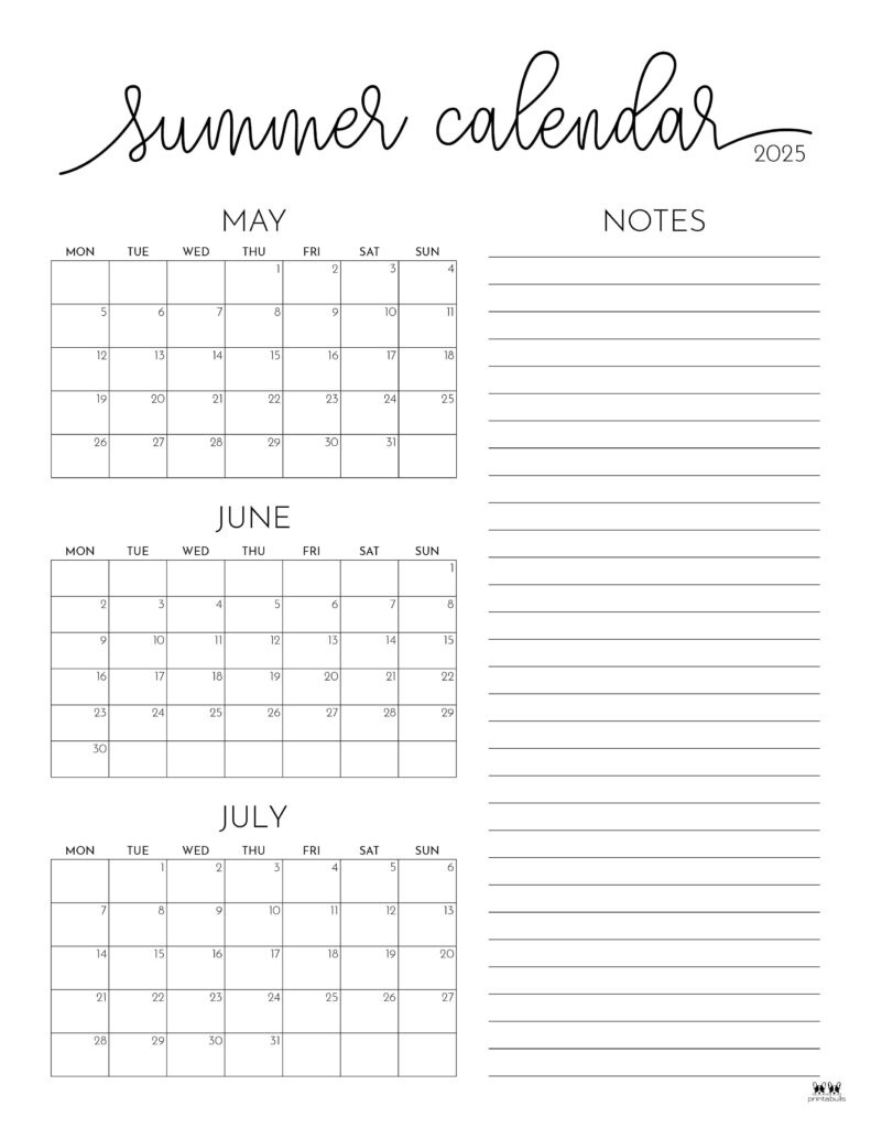 2025 Summer Calendars - 27 Free Printables | Printabulls intended for Free Printable Calendar August 2025 To July 2025