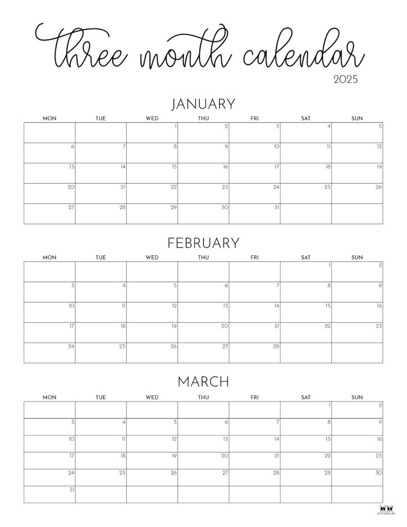 2025 Three Month/Quarterly Calendars - 36 Free Cals | Printabulls in FREE Printable Calendars 3 Months Per Page