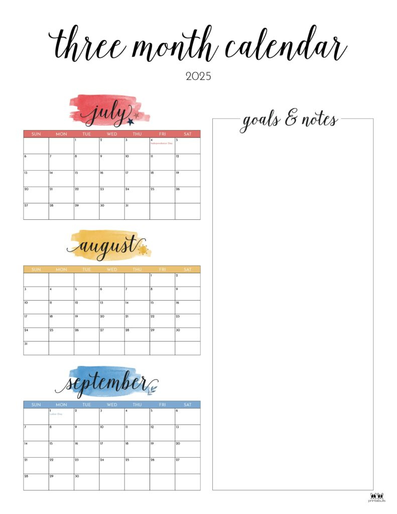 2025 Three Month/Quarterly Calendars - 36 Free Cals | Printabulls inside FREE Printable Calendar 2025 3 Months Per Page