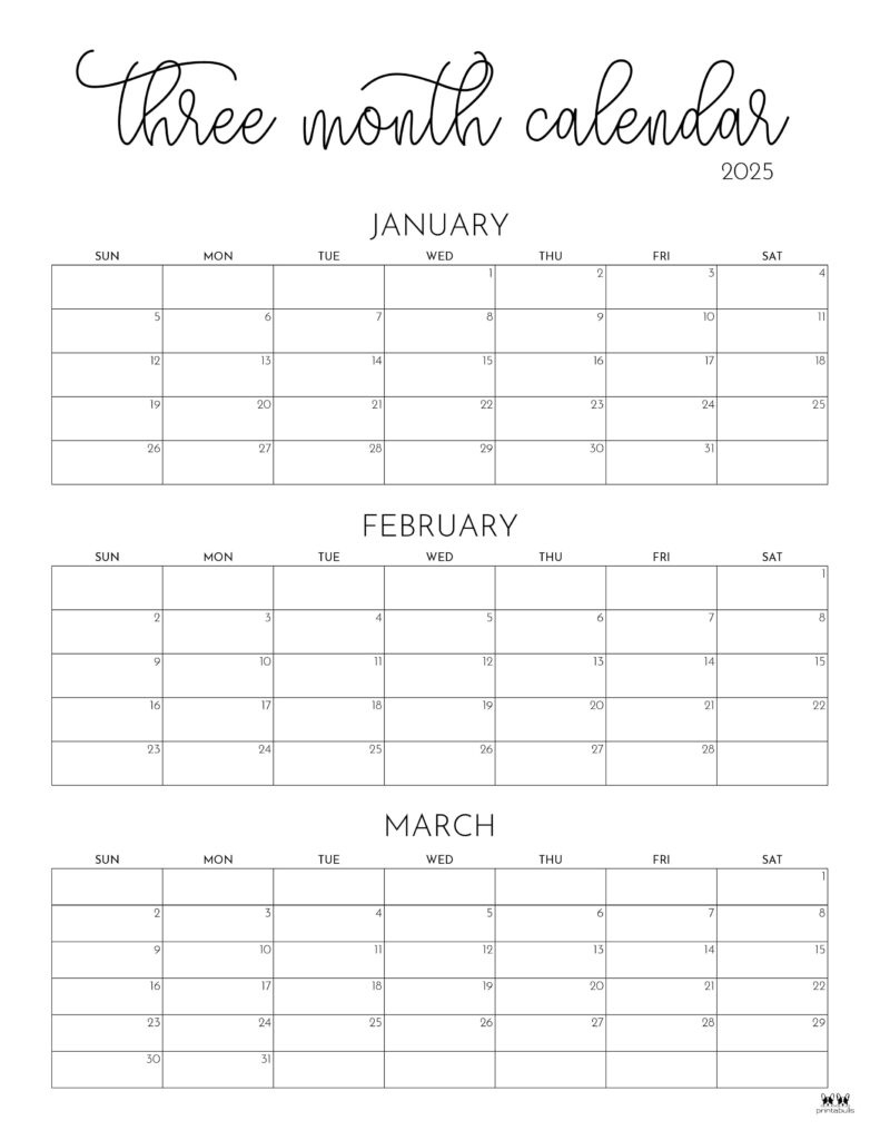 2025 Three Month/Quarterly Calendars - 36 Free Cals | Printabulls intended for Free Printable Calendar 2025 3 Months Per Page