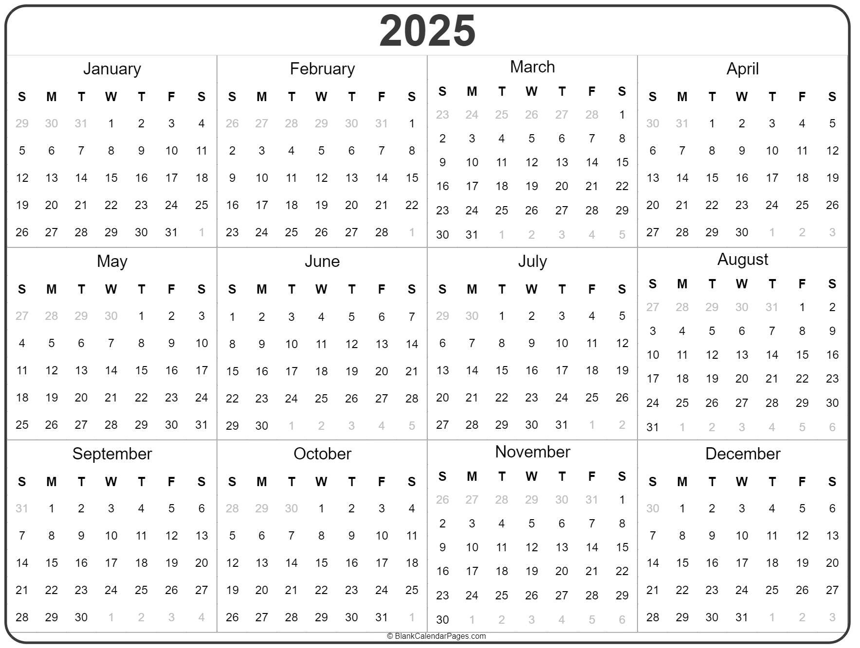 2025 Year Calendar | Yearly Printable intended for FREE Printable Calendar Yearly 2025