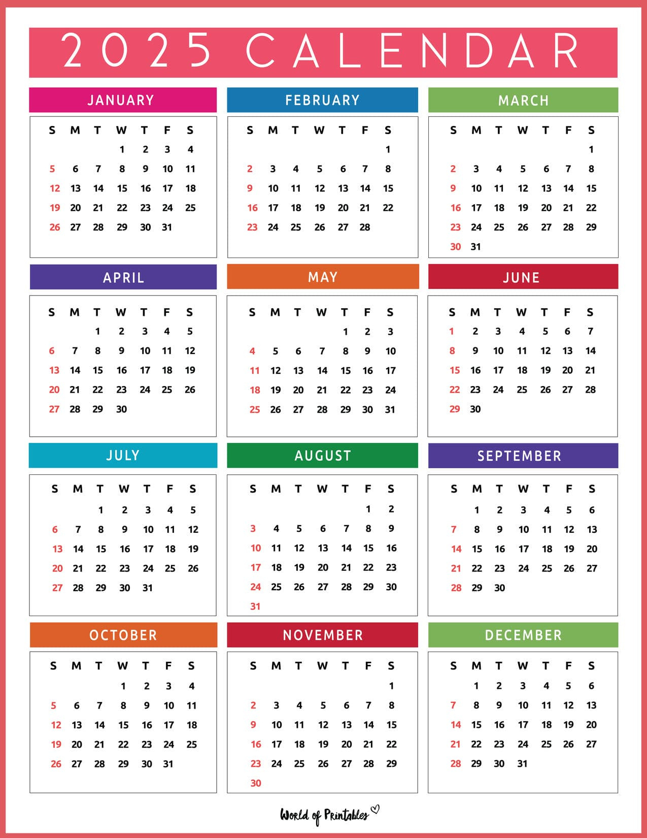 2025 Year Calendars - 70 Best Printables - World Of Printables for Free Printable Calendar Yearly 2025
