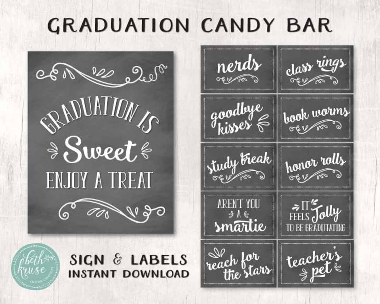25 Graduation Candy Table Ideas - Hairs Out Of Place with FREE Printable Candy Bar Signs