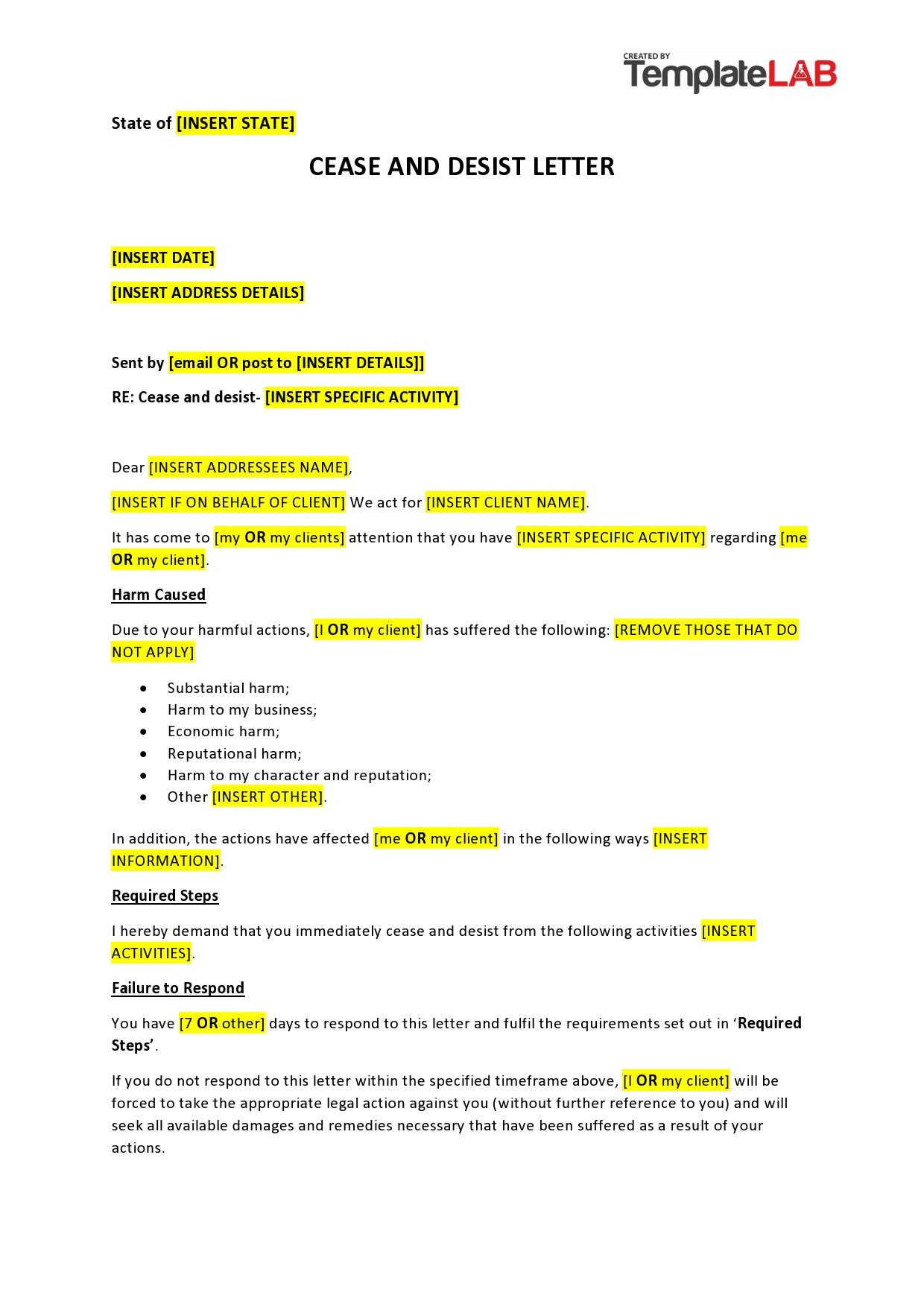 30+ Cease And Desist Letter Templates [Free] ᐅ Templatelab with FREE Printable Cease and Desist Letter