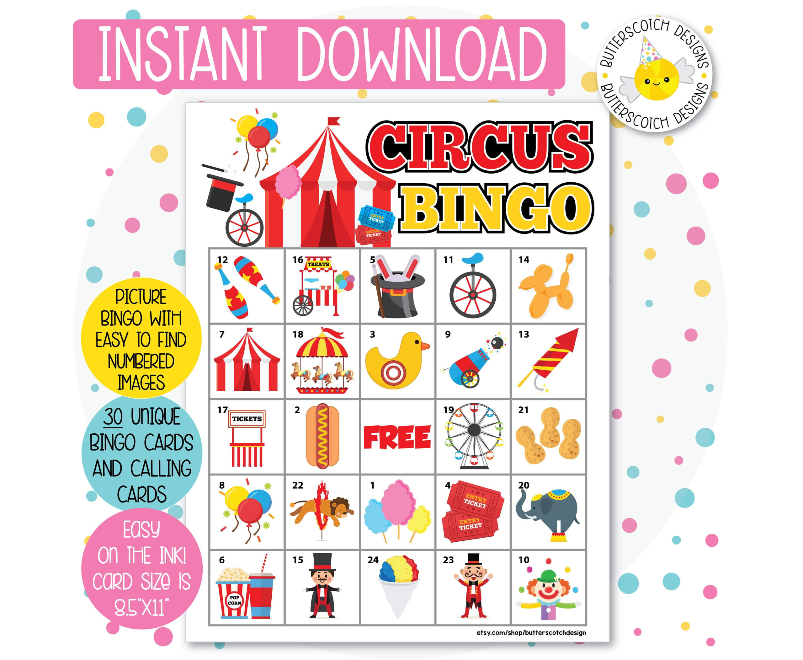 30 Circus / Carnival Printable Bingo Cards (30 Different Cards inside FREE Printable Circus Bingo Cards
