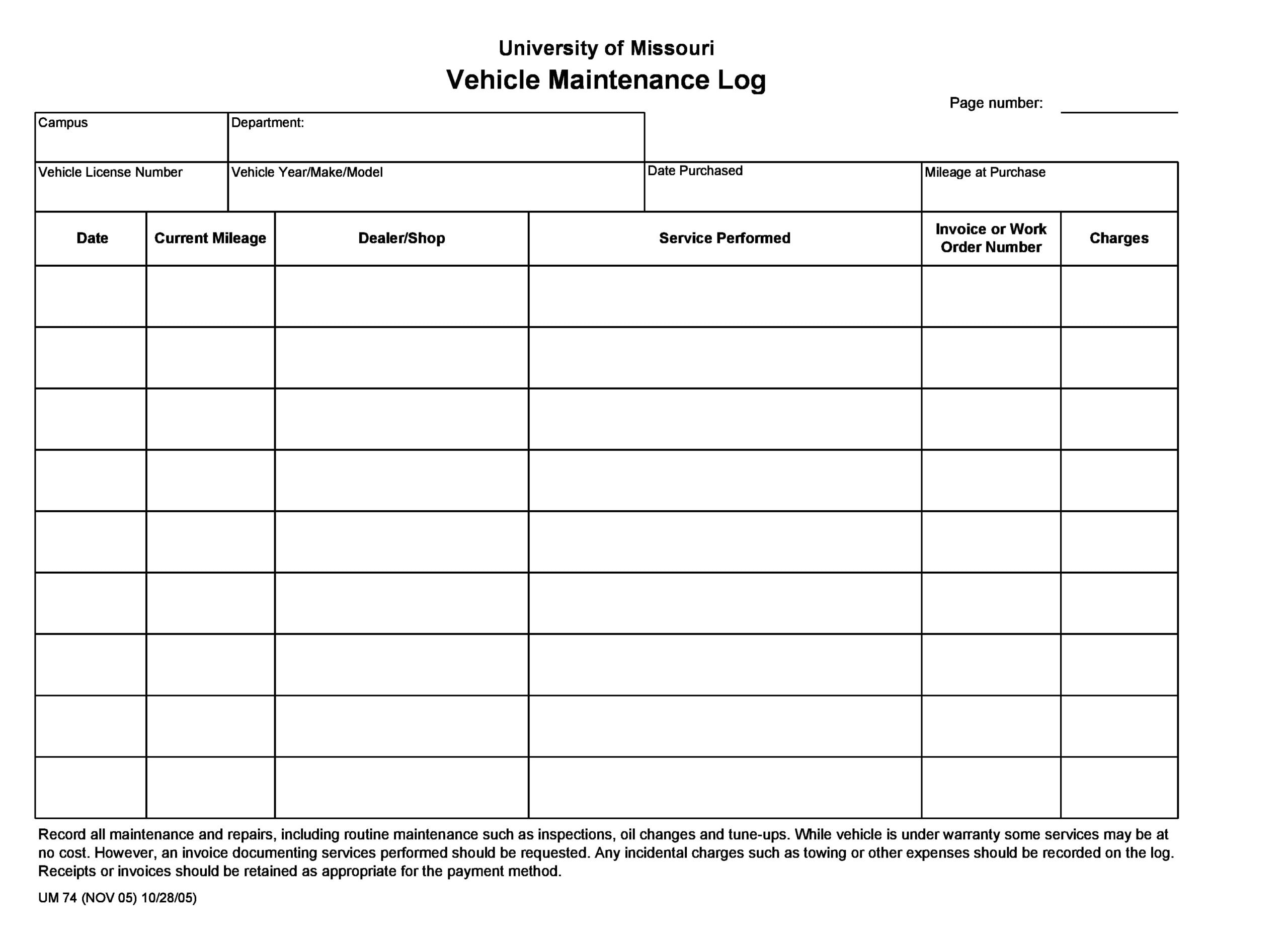 30 Free Vehicle Maintenance Logs [Excel, Pdf, Word] - Templatearchive throughout Free Printable Car Maintenance Log