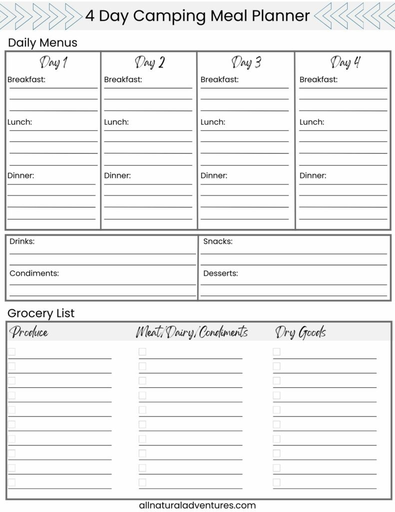 4 Day Camping Meal Planner - All Natural Adventures within FREE Printable Camping Meal Planner