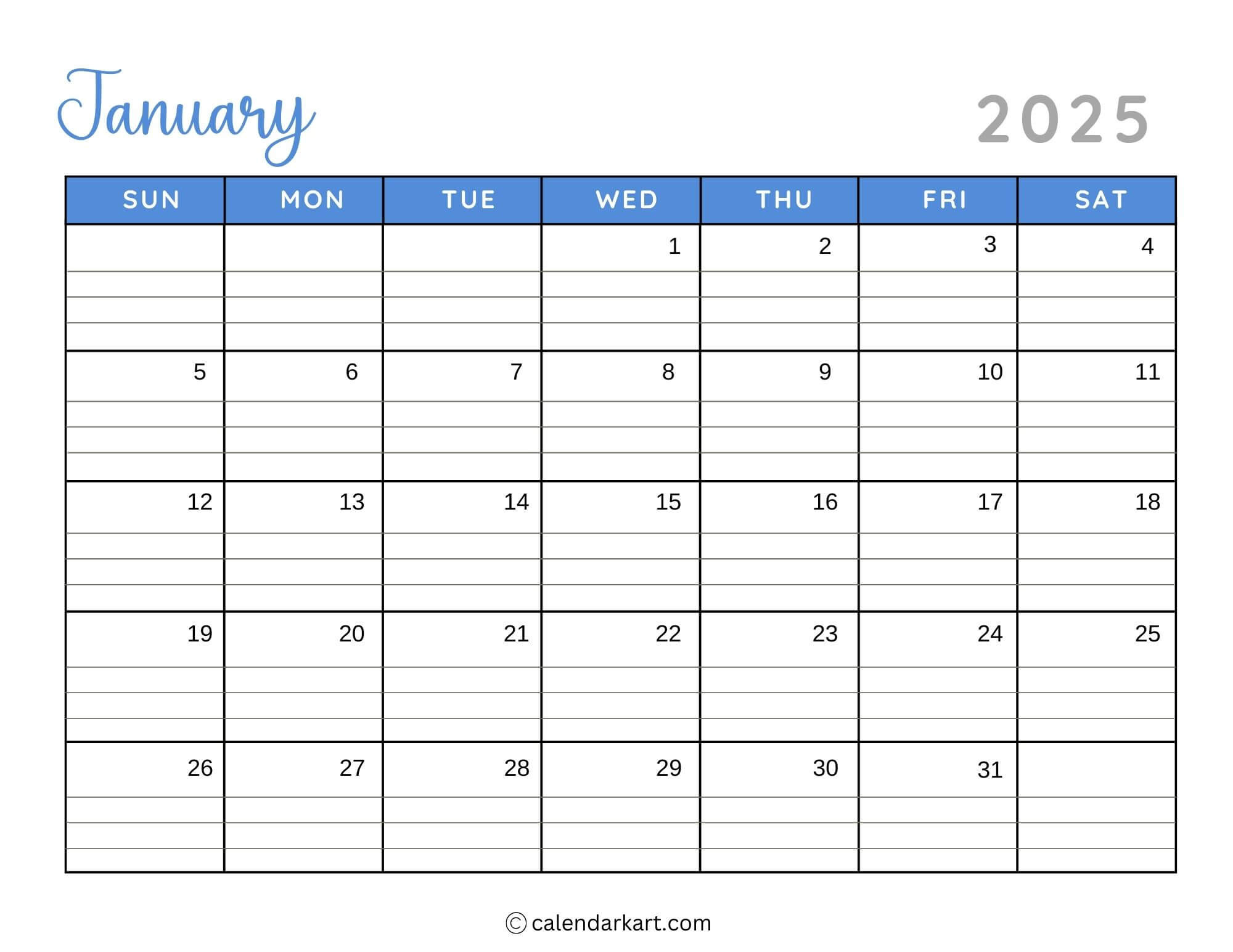 40+ Printable January 2025 Calendars | Free Pdf | Calendarkart with FREE Printable Calendar with Large Boxes 2025