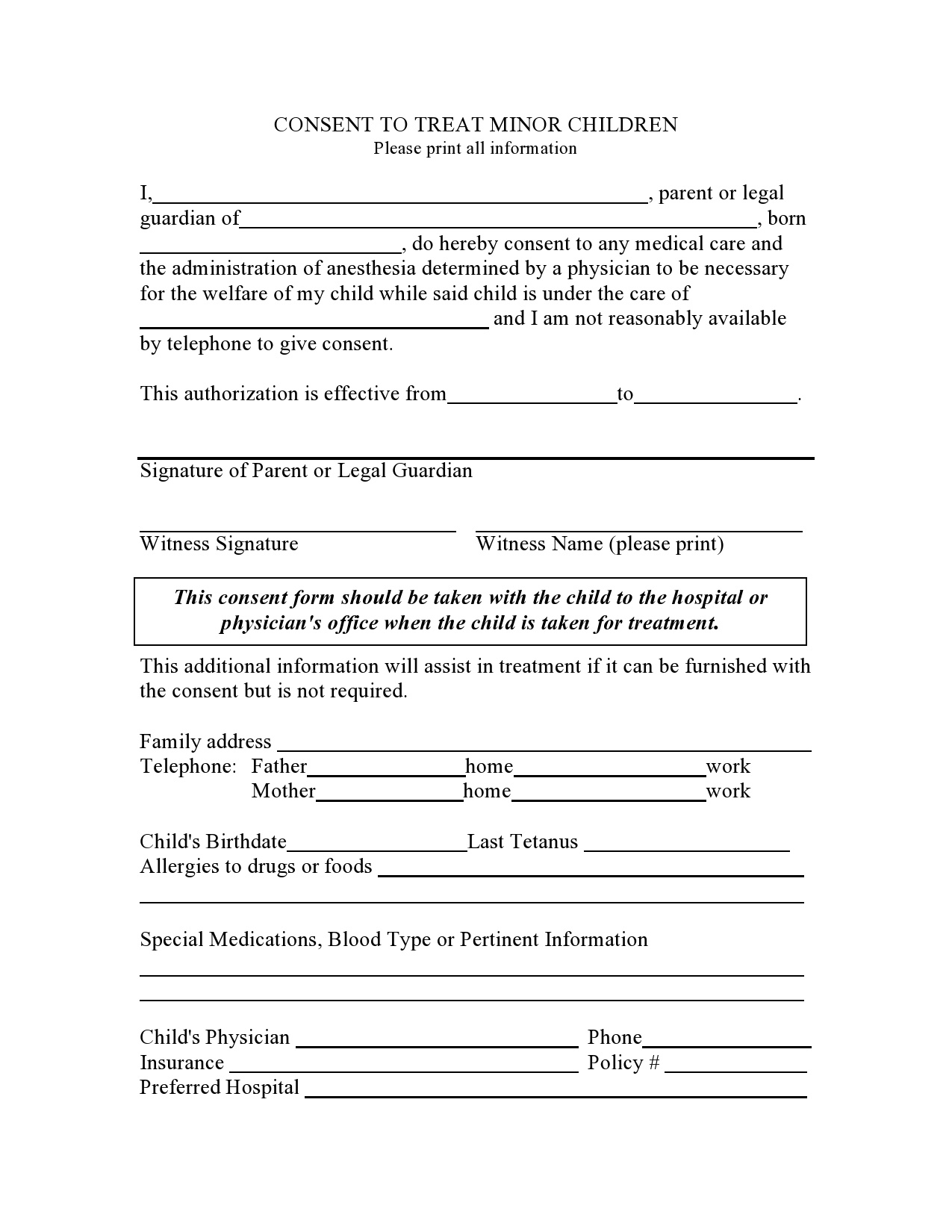 43 Printable Medical Consent Forms For Minor (Free) inside FREE Printable Consent to Treat Minor Form