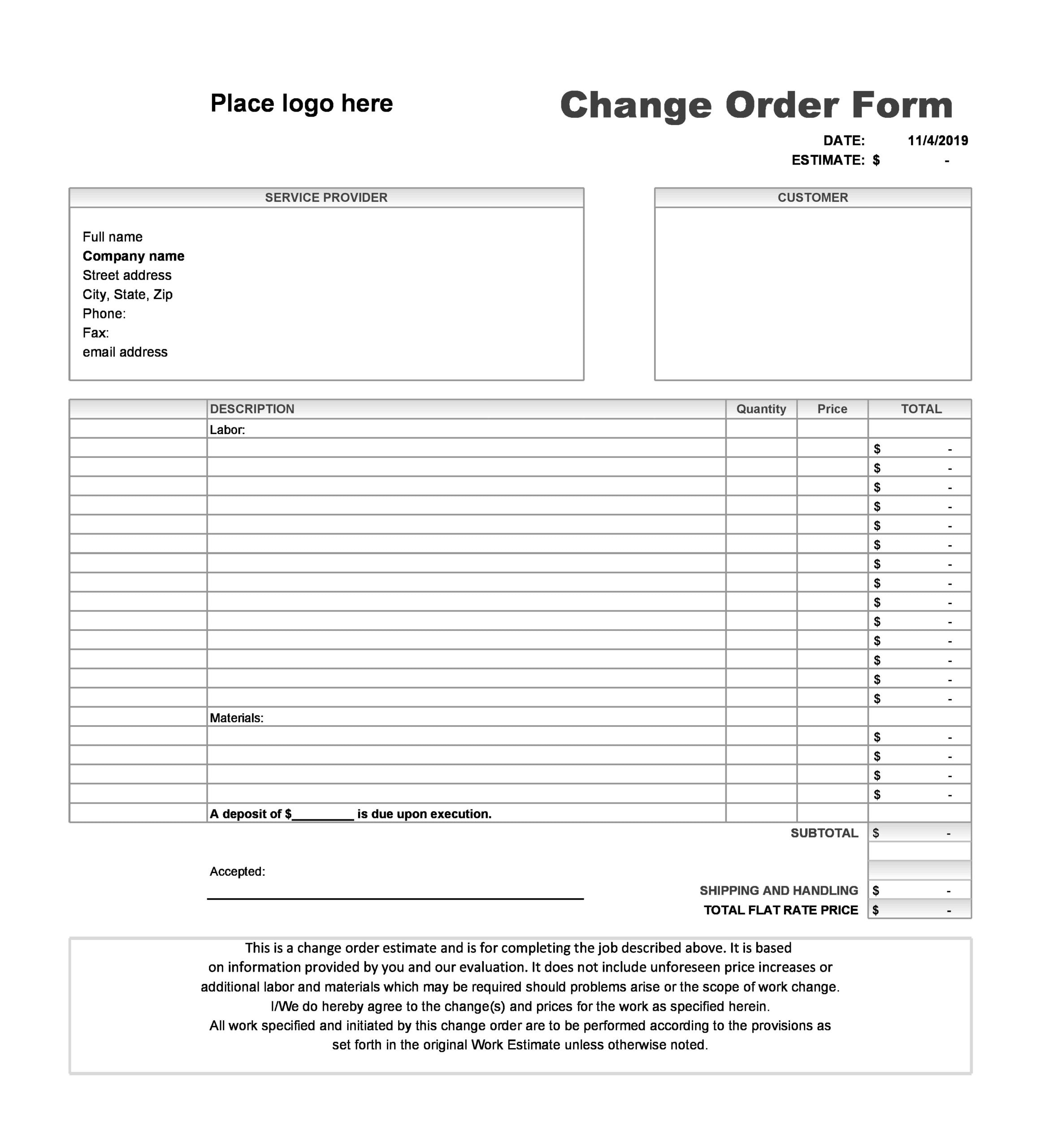 45 Free Change Order Templates (Word, Excel, Pdf) - Templatearchive in Free Printable Construction Change Order Forms