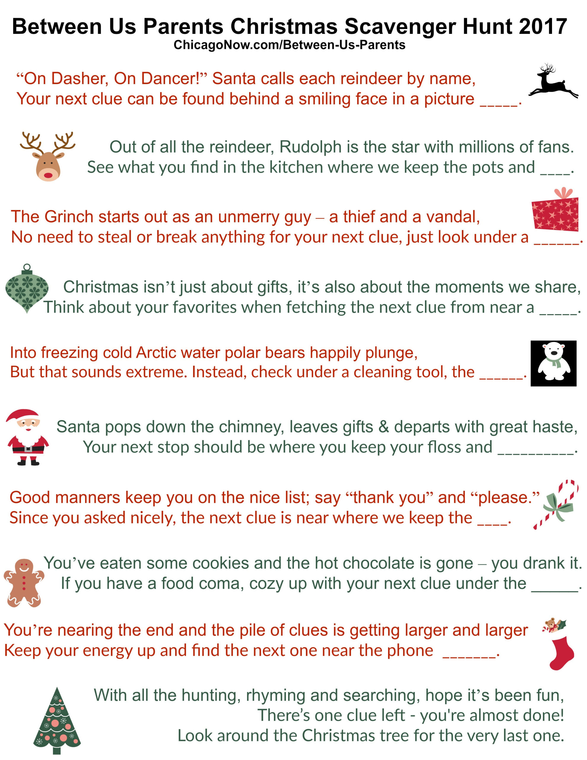 70 Printable Christmas Scavenger Hunt Clues inside FREE Printable Christmas Scavenger Hunt Clues For Adults