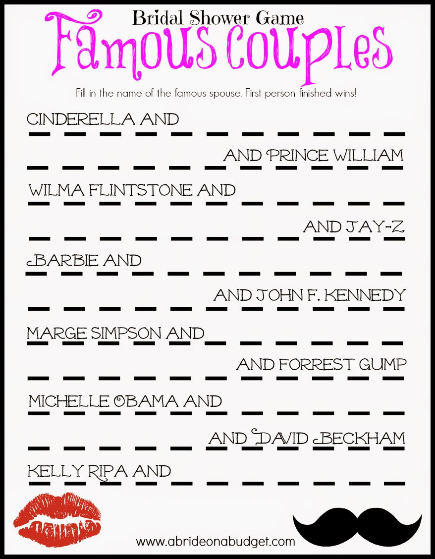 A Bride On A Budget: Famous Couples Bridal Shower Game (Free throughout FREE Printable Couples Wedding Shower Games