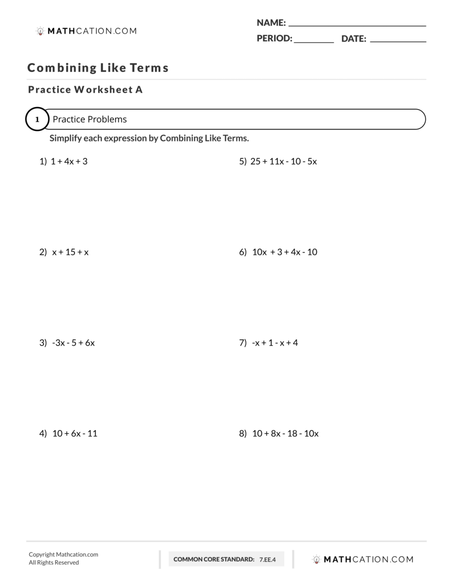 A Free Printable Combining Like Terms Worksheet in FREE Printable Combining Like Terms Worksheets