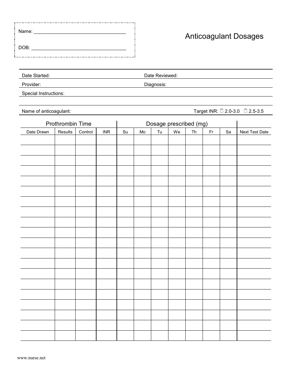 Anticoagulant Dosage Flow Sheet Download Printable Pdf in Free Printable Coumadin Flow Sheet