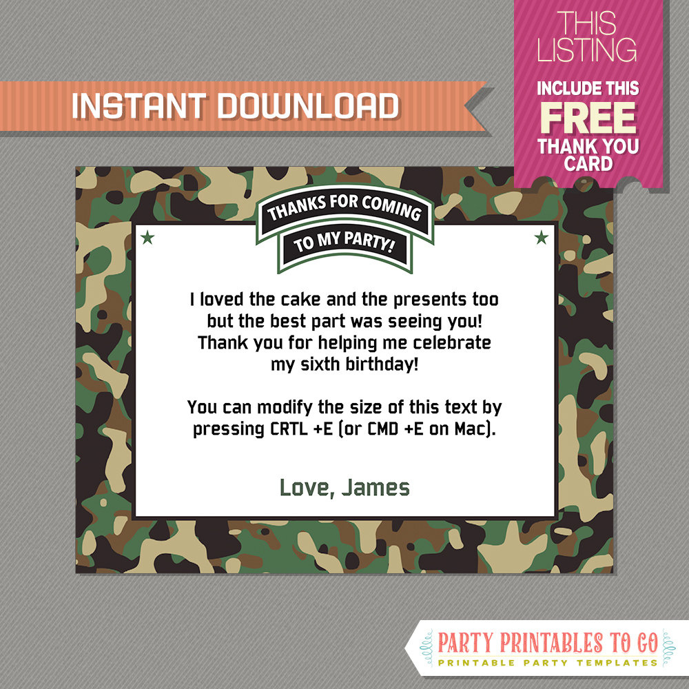 Army Invitation With Free Thank You Card! Camo Birthday Party inside Free Printable Camo Birthday Invitations