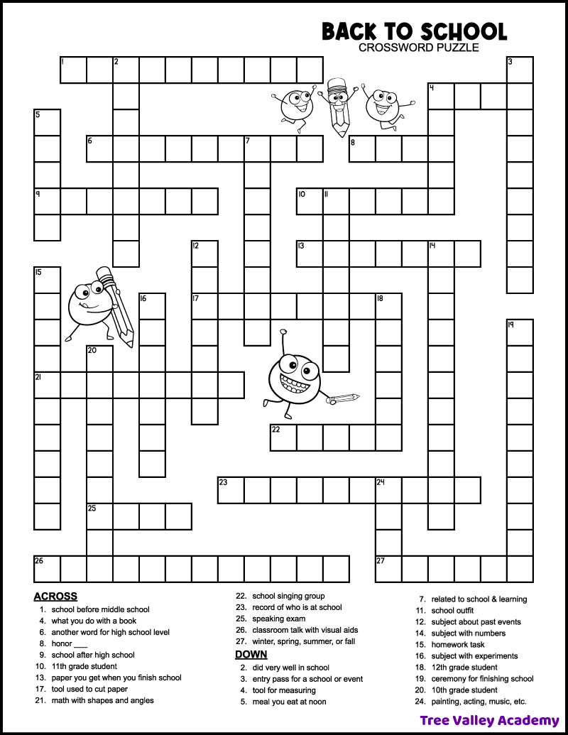 Back To School Crossword Middle School - Tree Valley Academy within FREE Printable Crossword Puzzles For High School Students