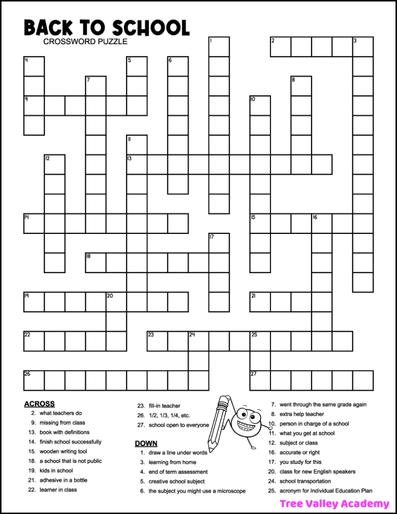 Back To School Crossword Puzzles - Tree Valley Academy throughout FREE Printable Crossword Puzzles For 5th Graders