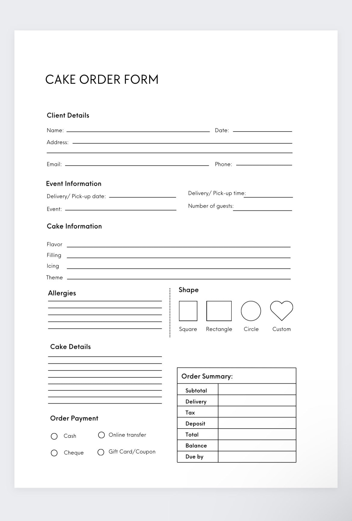 Bakery Cake Order Form Template: Small Business Invoice (Pdf) - Etsy within FREE Printable Cake Order Form Template