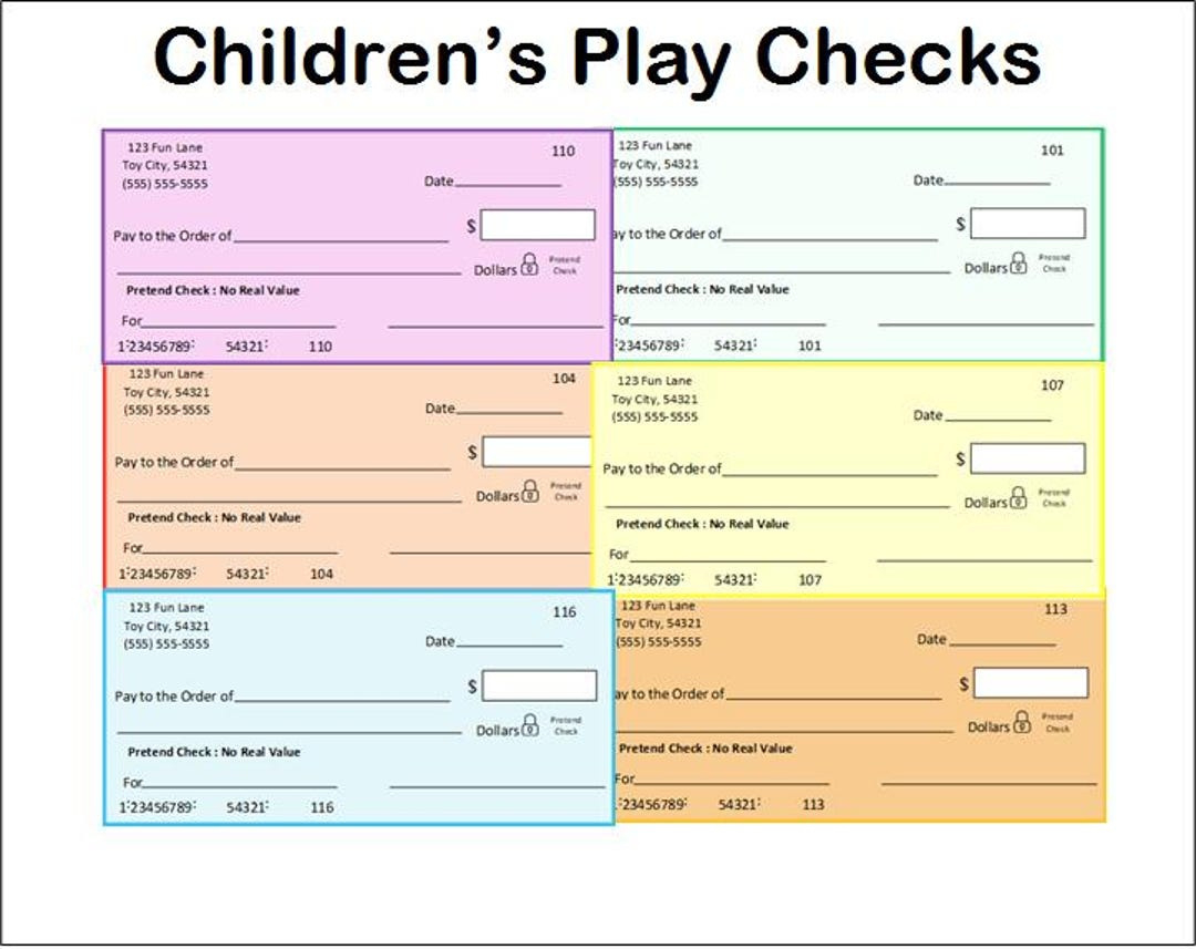 Bearbeitbare Kinderspiel Checks ~ Druckbare Pretend Play Checks ~ Spielzeug Checks ~ Kinder Checks ~ Pretend Checks ~ Fake Checks ~ Dramatisches Spiel pertaining to FREE Printable Checks For Play