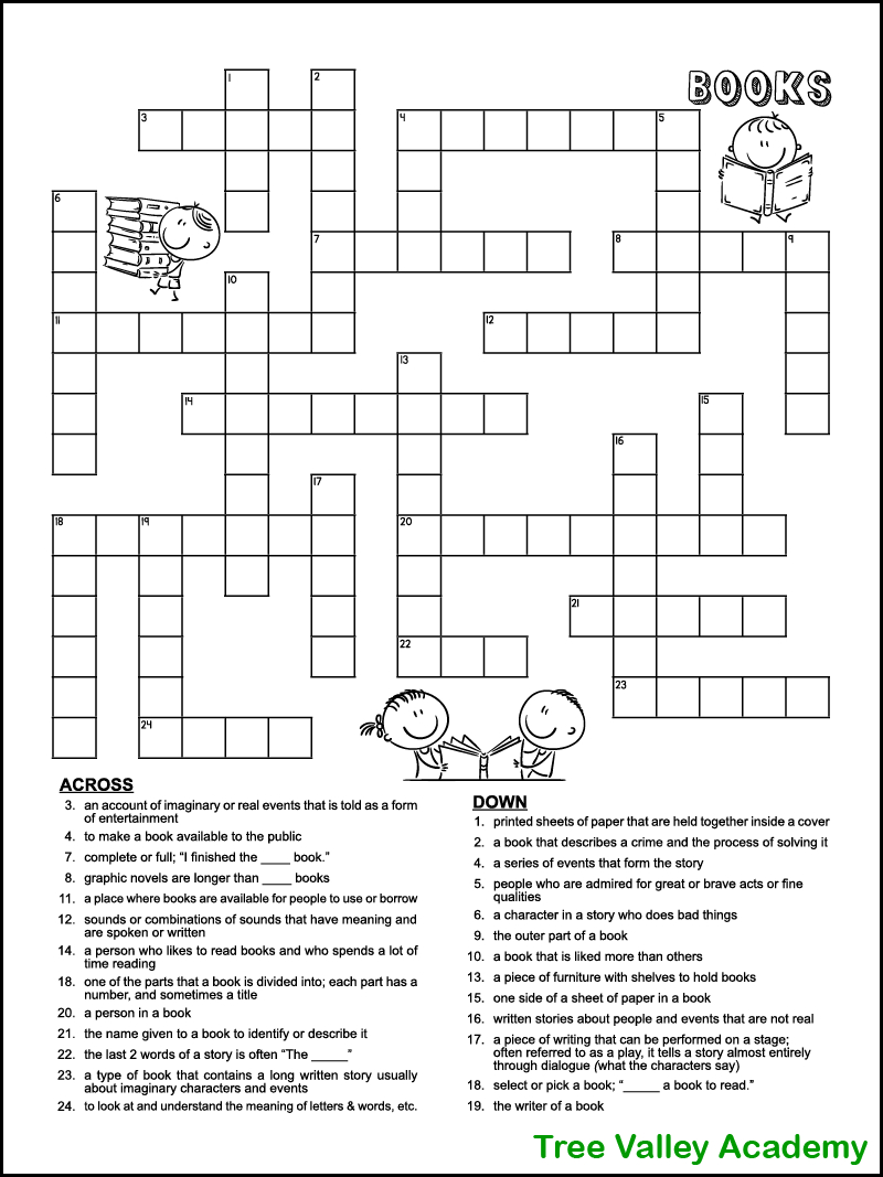 Book Themed Crossword Puzzle For Kids - Tree Valley Academy with Free Printable Crossword Puzzles For 4Th Graders