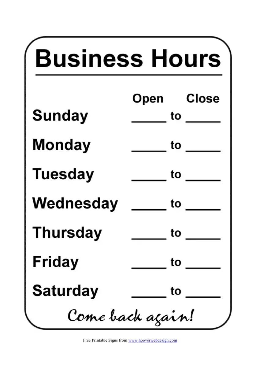 Business Hours Template ≡ Fill Out Printable Pdf Forms Online inside FREE Printable Business Hours Sign Template