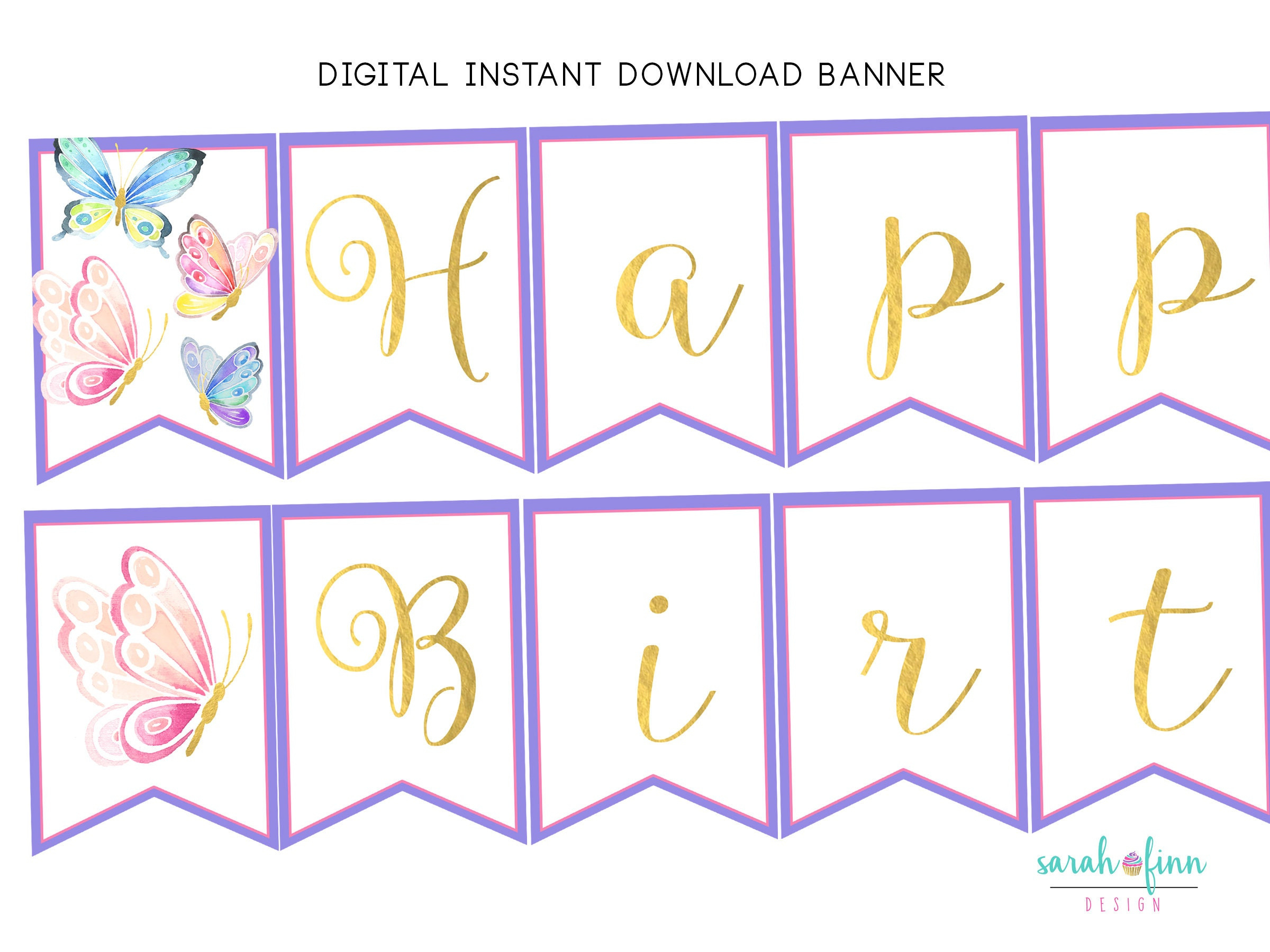 Butterfly Happy Birthday Banner Printable Instant Download inside FREE Printable Butterfly Birthday Banner