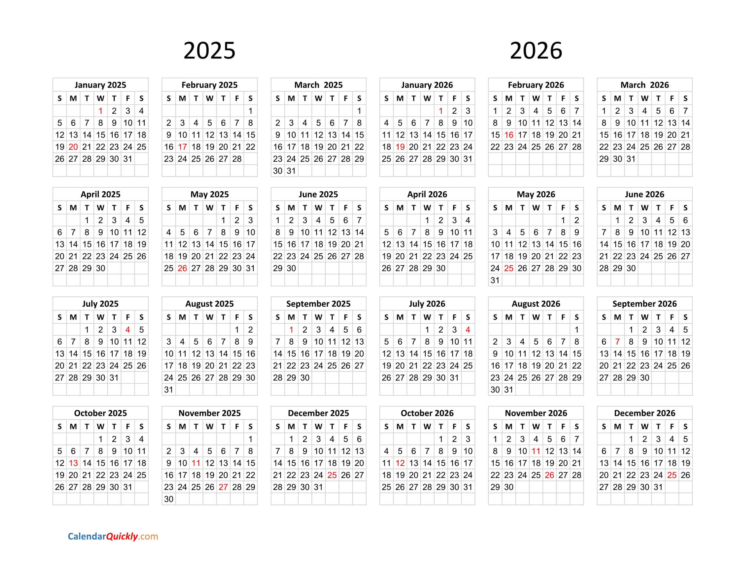 Calendar 2025 And 2026 On One Page | Calendar Quickly inside Free Printable Calendar 2025-2026