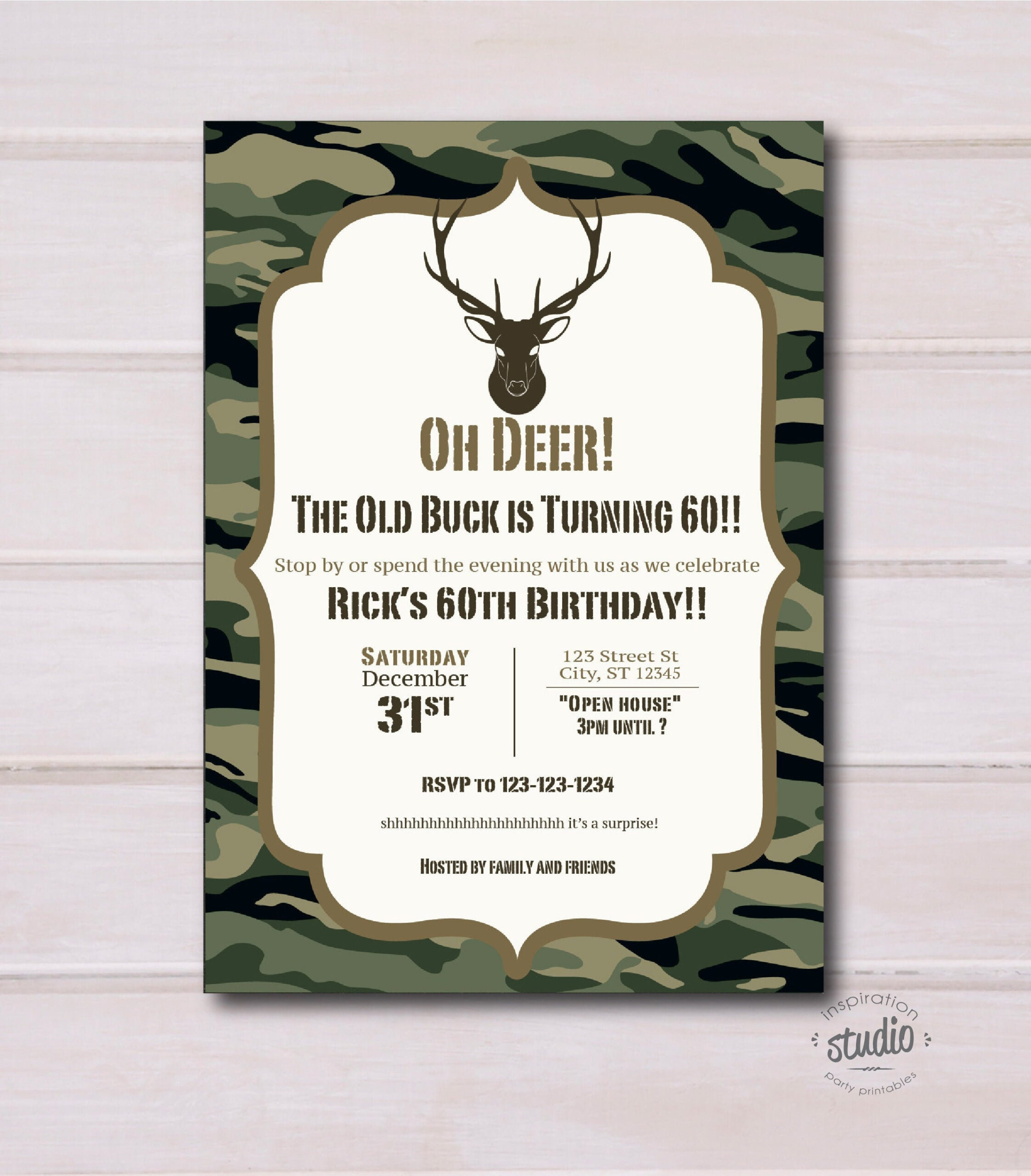 Camouflage, Oh Deer, The Old Buck Is Turning. Custom Birthday for Free Printable Camouflage Birthday Invitations