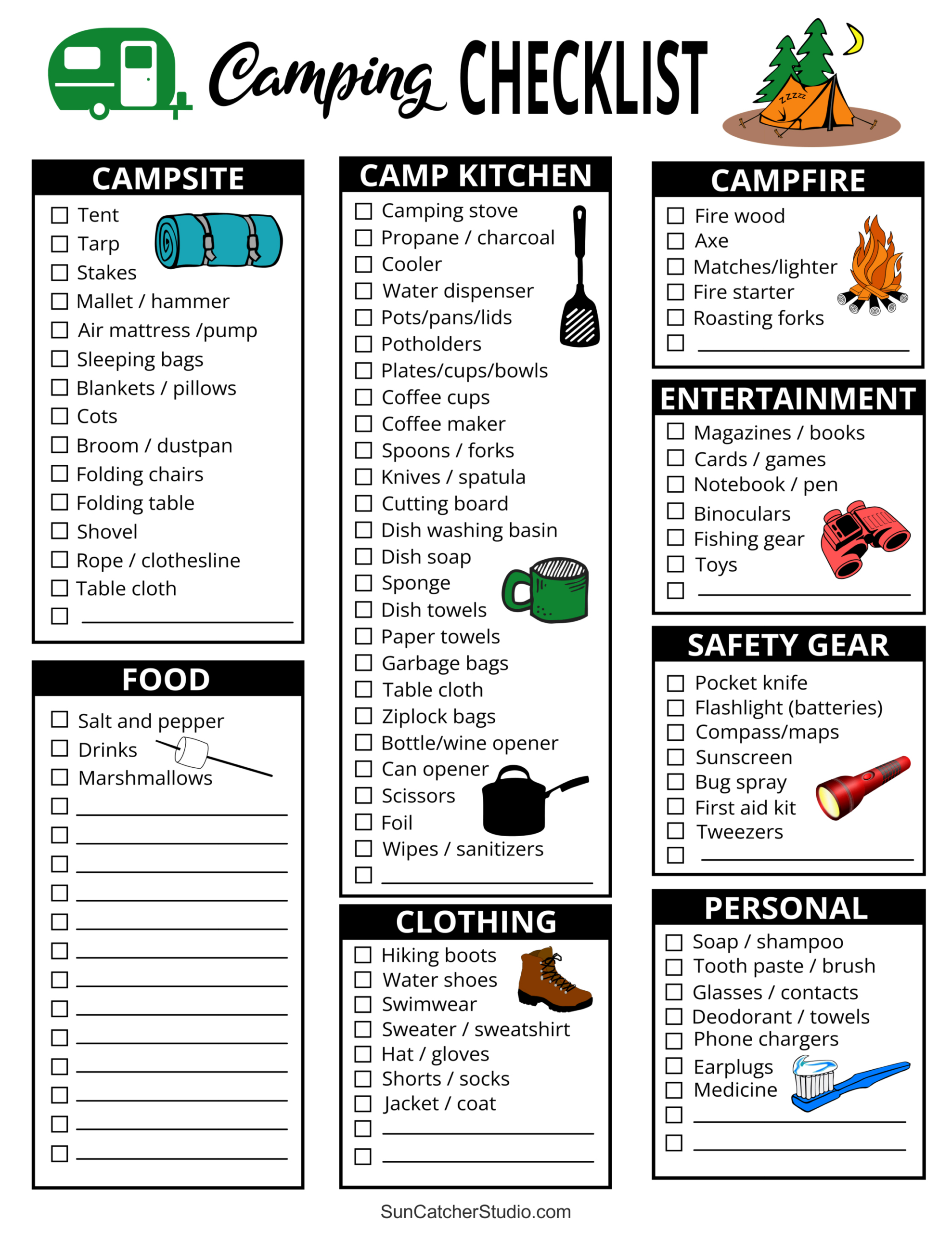 Camping Checklist (Camping Essentials &amp;amp; Meals) – Free Printables intended for Free Printable Cabin Packing List