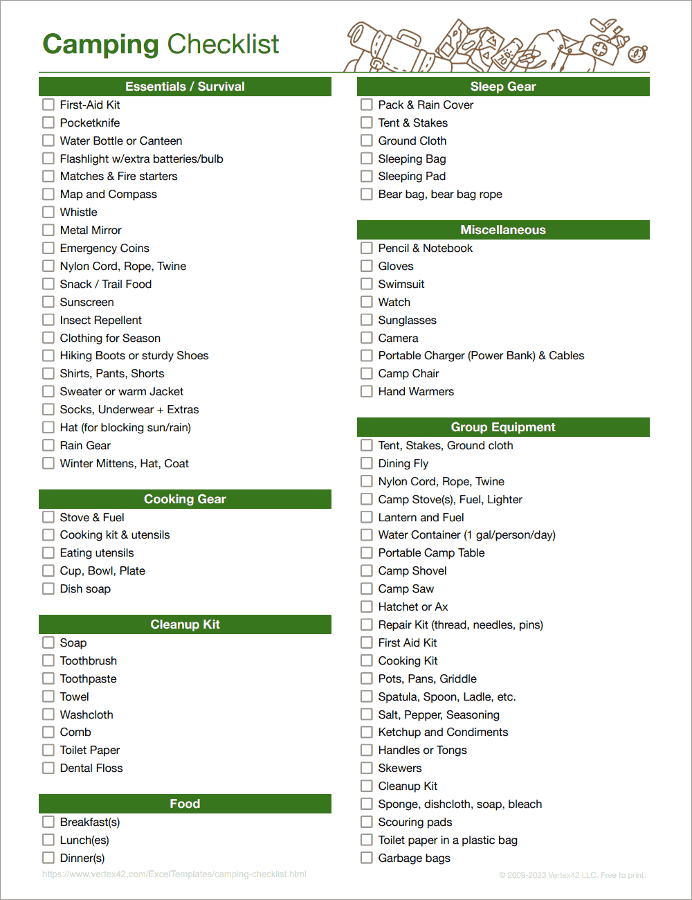 Camping Checklist Template - Printable Camping Check List with Free Printable Camping Packing List