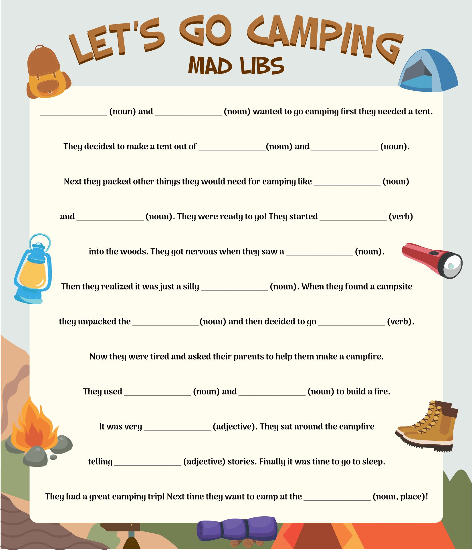 Camping Mad Libs - 20 Free Pdf Printables | Printablee for FREE Printable Camping Mad Libs