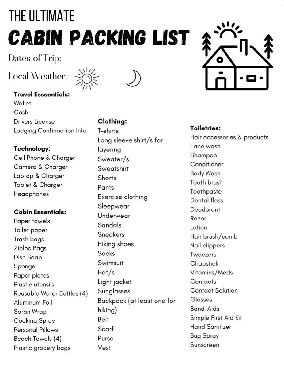Camping Packing List in Free Printable Cabin Packing List