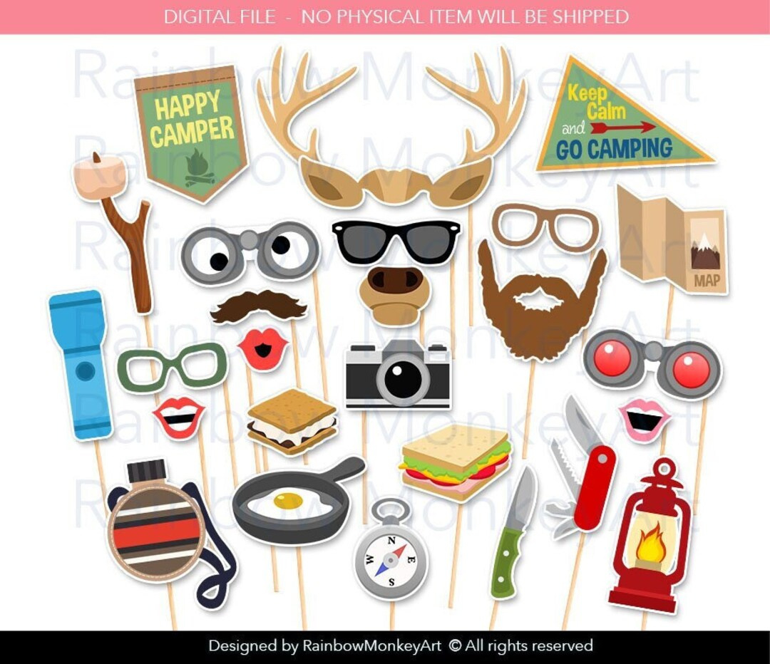 Camping Photo Booth Props: 29 Piece Printable Set (Digital inside FREE Printable Camping Photo Booth Props