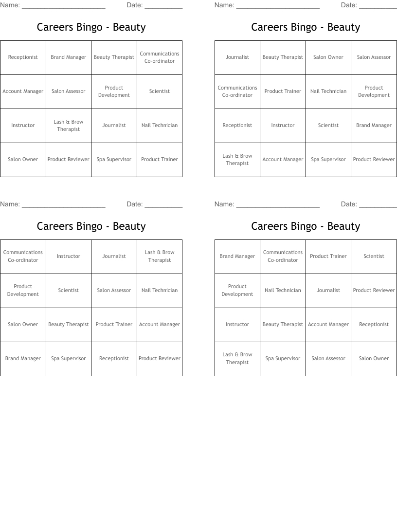 Careers Bingo - Beauty - Wordmint in FREE Printable Career Bingo Games