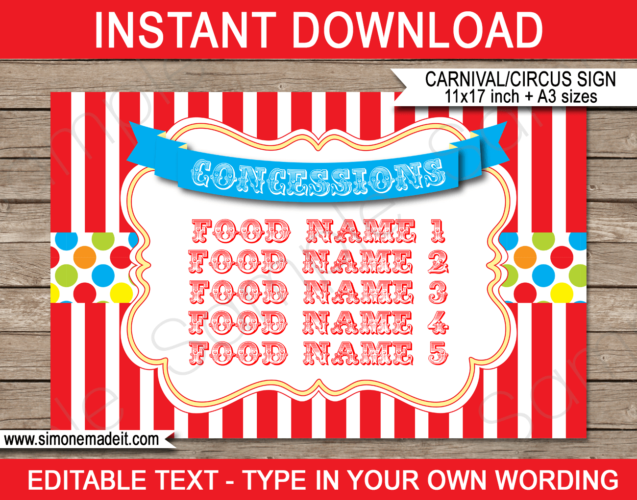 Carnival Concessions Sign - 11X17 Inch + A3 - Colorful inside Free Printable Carnival Food Signs
