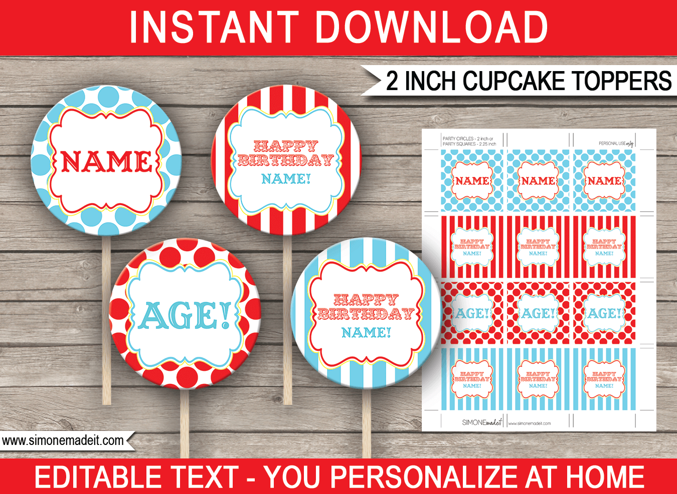 Carnival Cupcake Toppers Template - Red/Aqua with FREE Printable Circus Cupcake Toppers