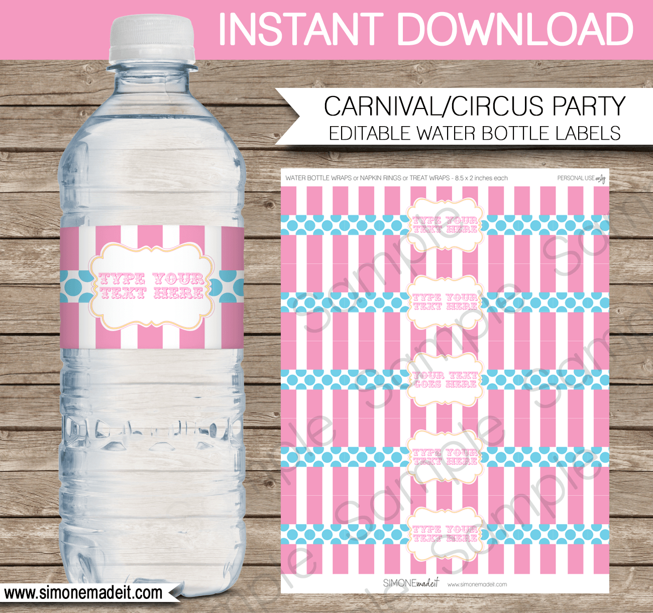 Carnival Party Water Bottle Labels Template - Pink/Aqua with regard to Free Printable Carnival Water Bottle Labels