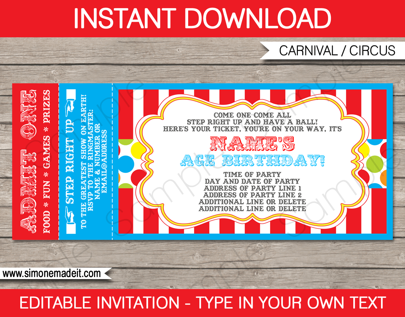 Carnival Ticket Invitation Template - Colorful throughout Free Printable Carnival Birthday Invitations