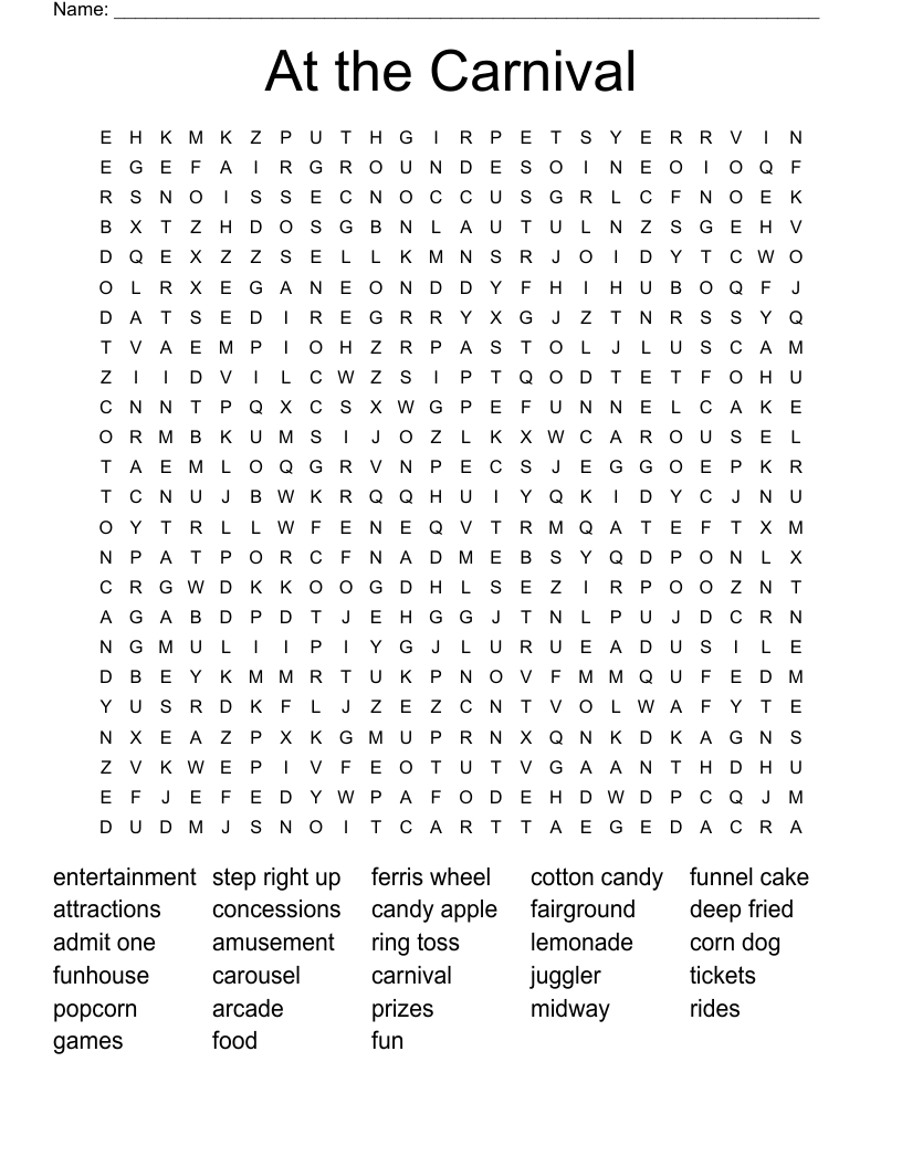 Carnival Word Search - Wordmint in FREE Printable Carnival Word Search
