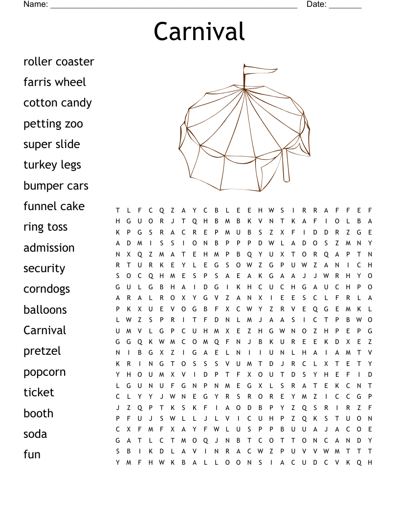 Carnival Word Search - Wordmint throughout FREE Printable Carnival Word Search