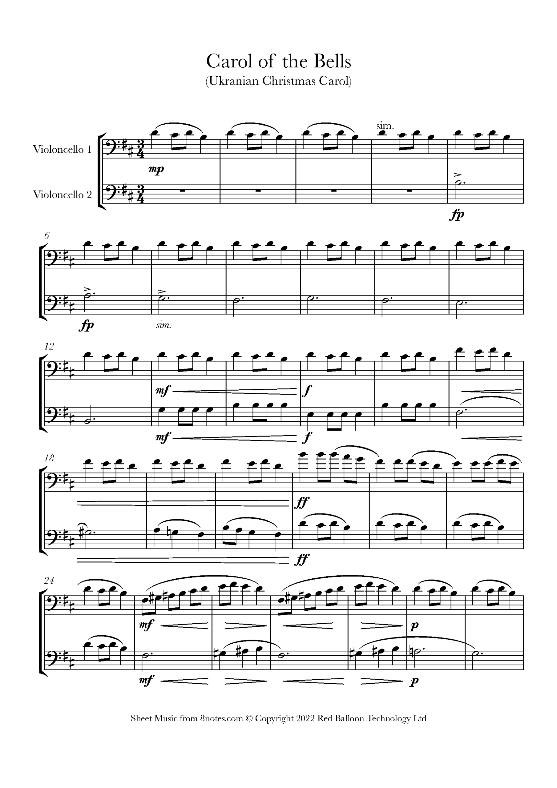 Carol Of The Bells For Cello Duet - Free Sheet Music For Cello for FREE Printable Cello Sheet Music